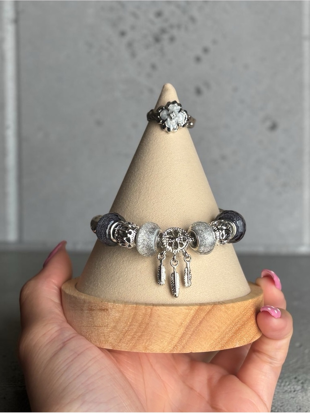 Silver and Gray Dreamcatcher Charm Bracelet with Ring